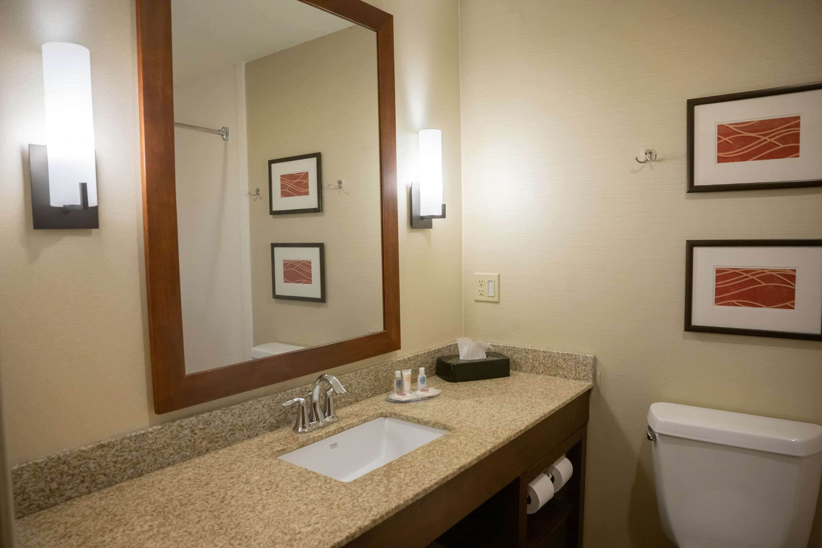 A hotel bathroom with a sink, mirror, framed pictures, and a toilet.