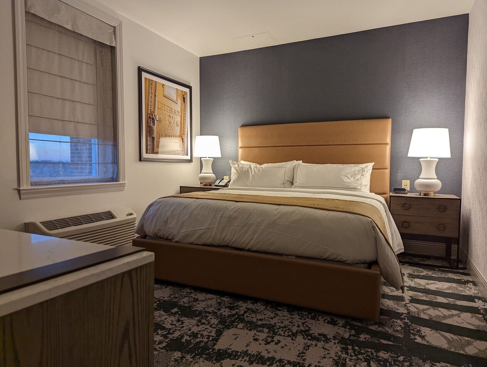 Down comforters, pillowtop beds, in-room safe, desk