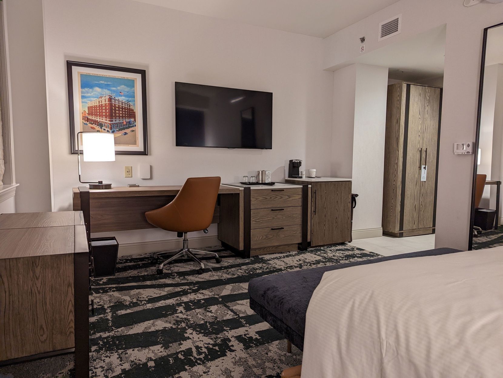 Down comforters, pillowtop beds, in-room safe, desk