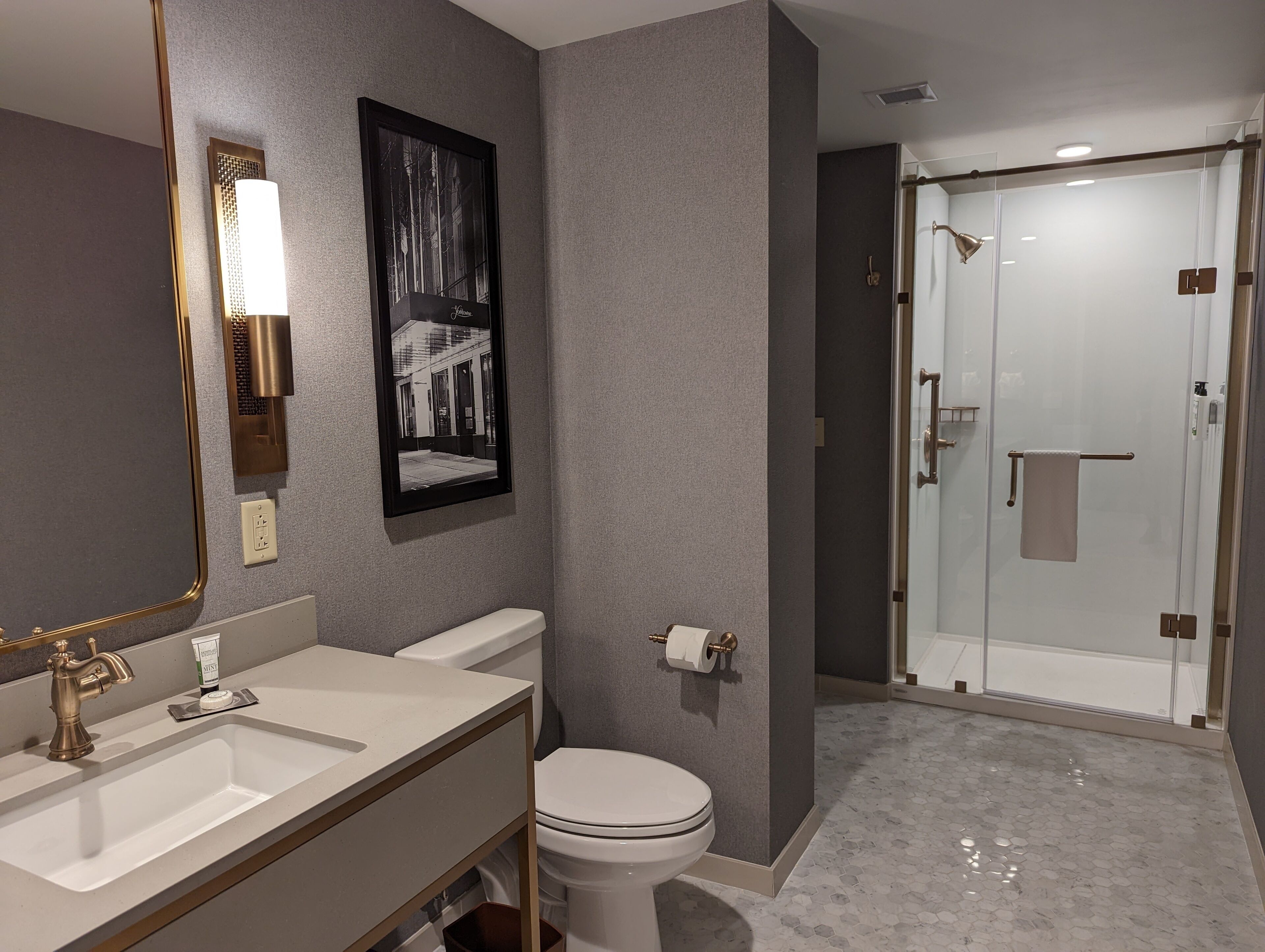 A modern bathroom with a dual sink vanity, a toilet, a framed picture on the wall, and a glass-enclosed shower area.