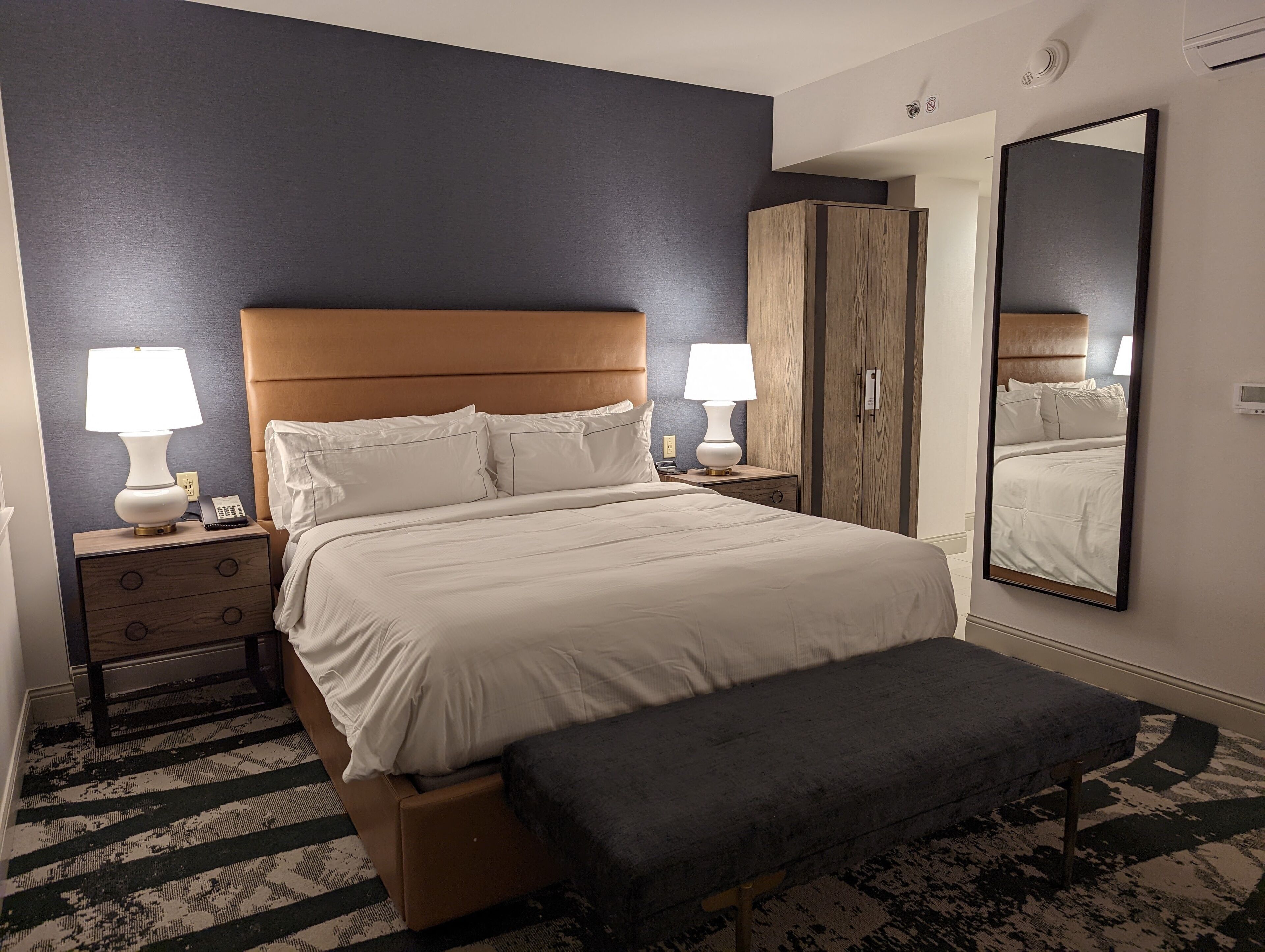 Down comforters, pillowtop beds, in-room safe, desk