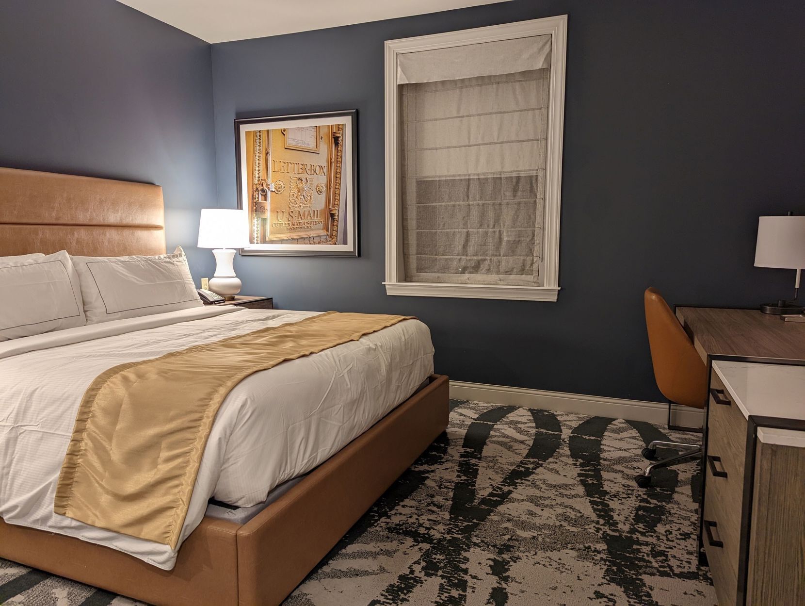 Down comforters, pillowtop beds, in-room safe, desk
