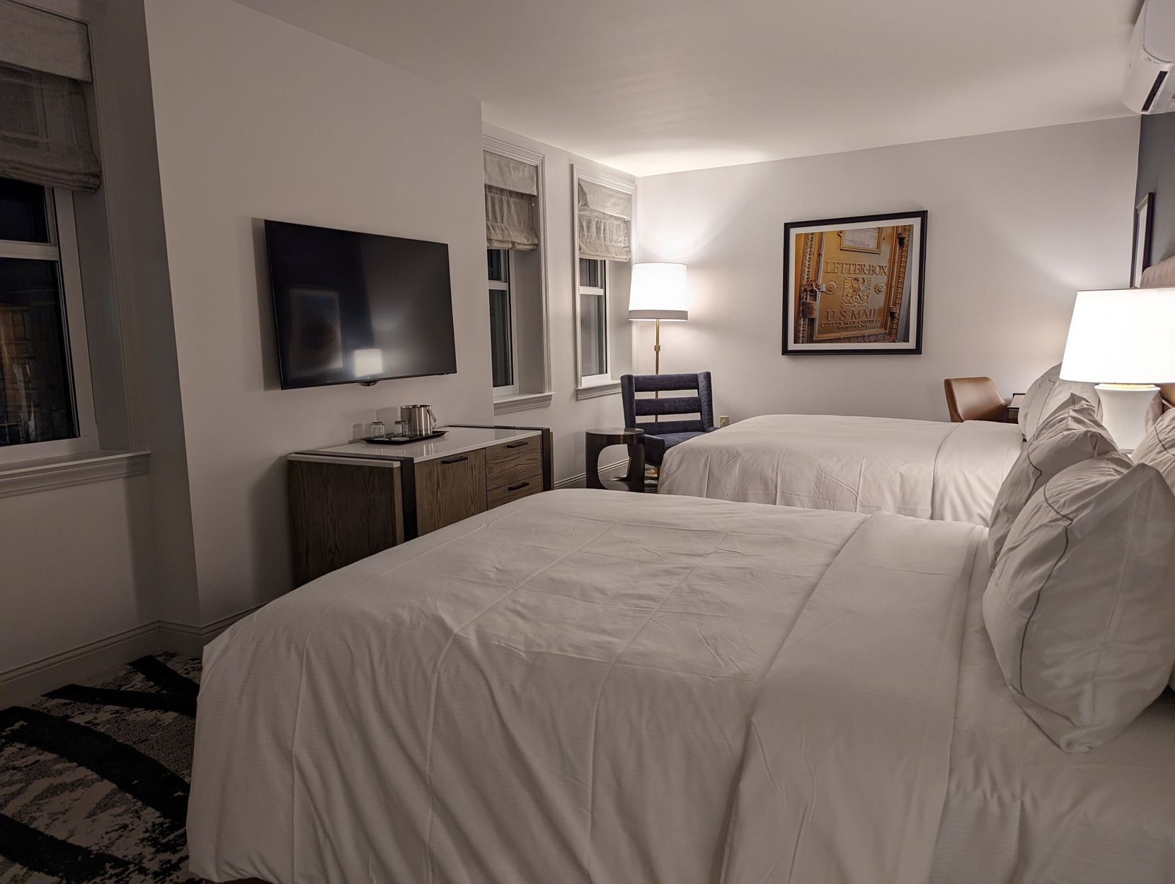 Down comforters, pillowtop beds, in-room safe, desk