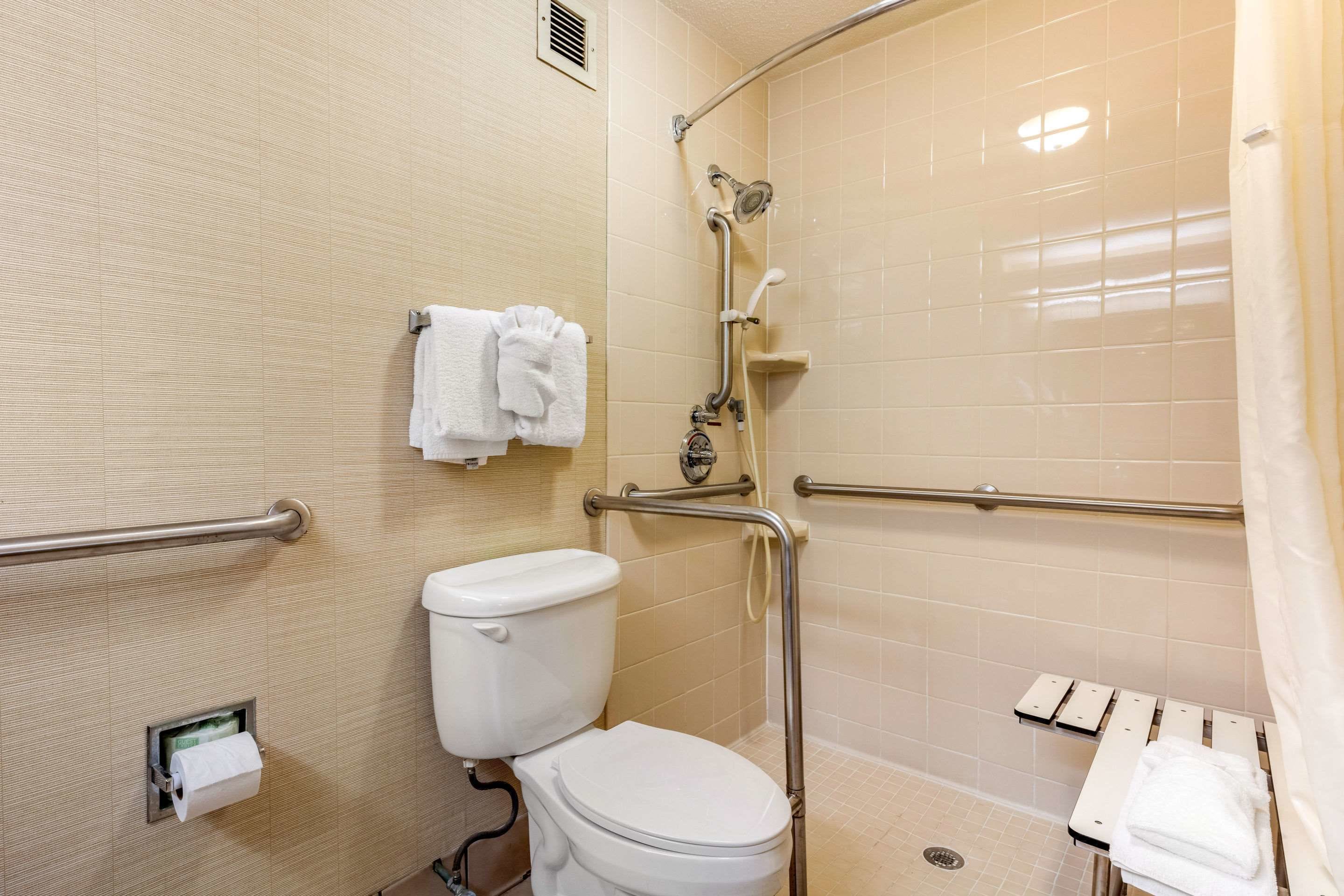 combined shower/bathtub, free toiletries, hair dryer, towels
