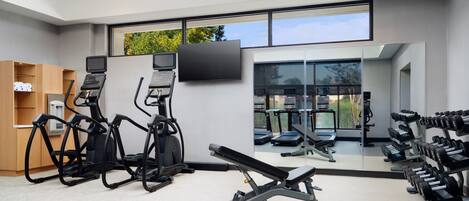 A modern gym with exercise equipment, a TV, and large windows offering a view of the outdoors.