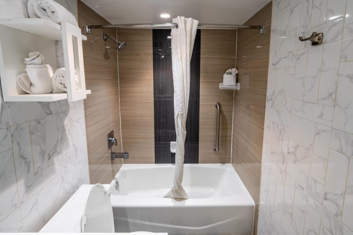 shower, free toiletries, hair dryer, towels