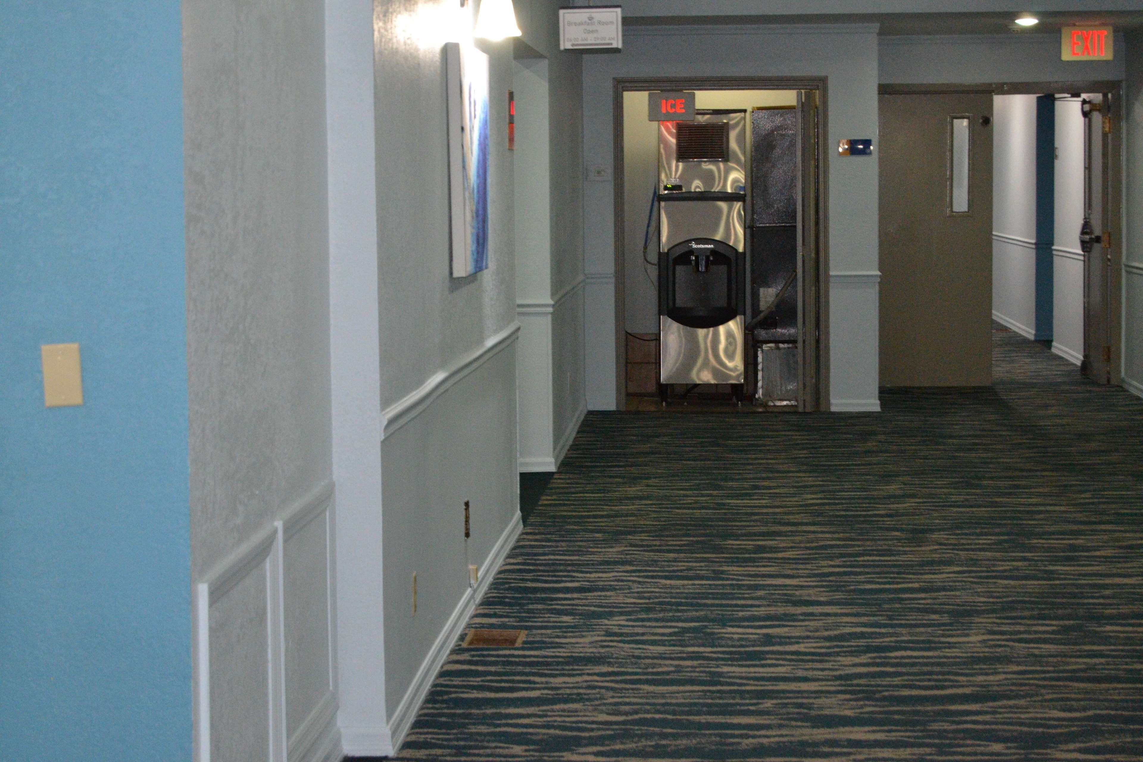 A hotel hallway with a patterned carpet, a water dispenser, and an exit sign.