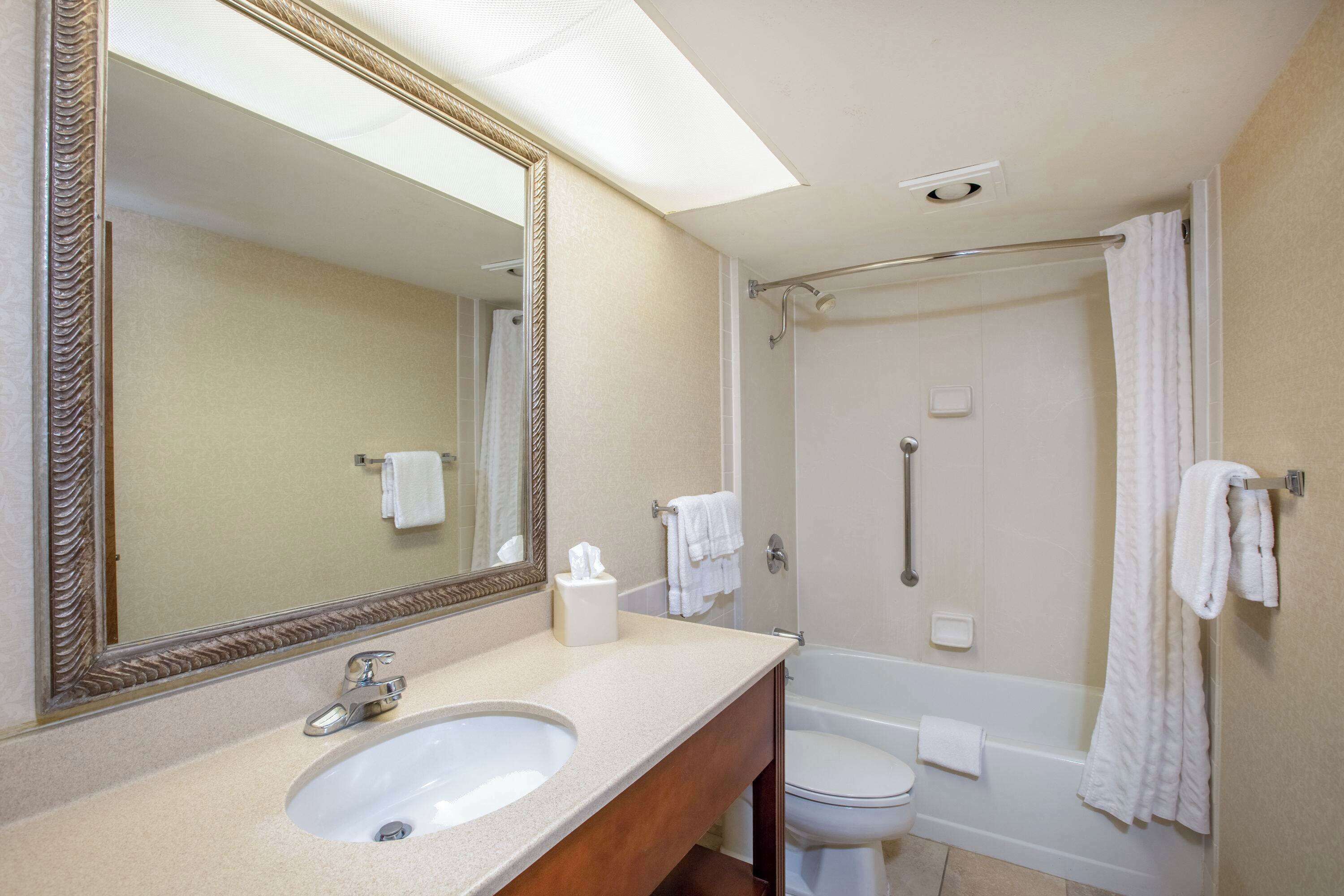 A bathroom with a sink, mirror, toilet, and bathtub.