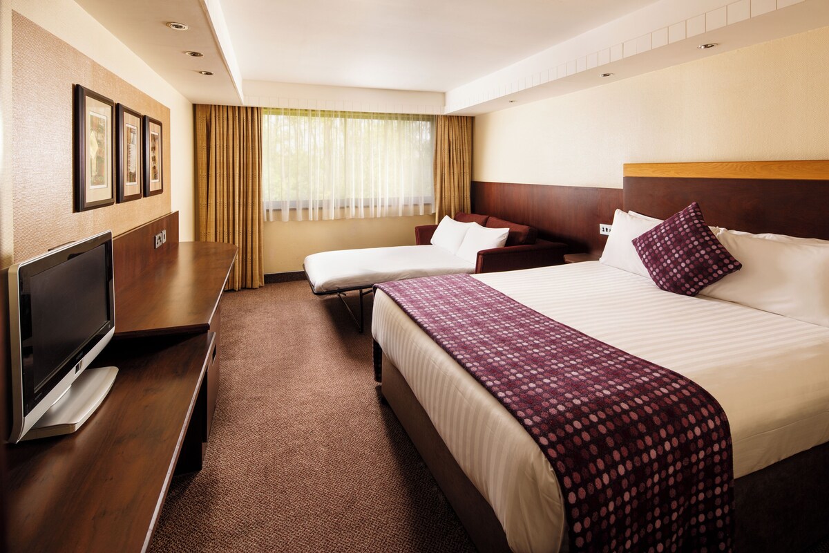 A hotel room with a bed, a sofa, a TV, and a window with curtains.