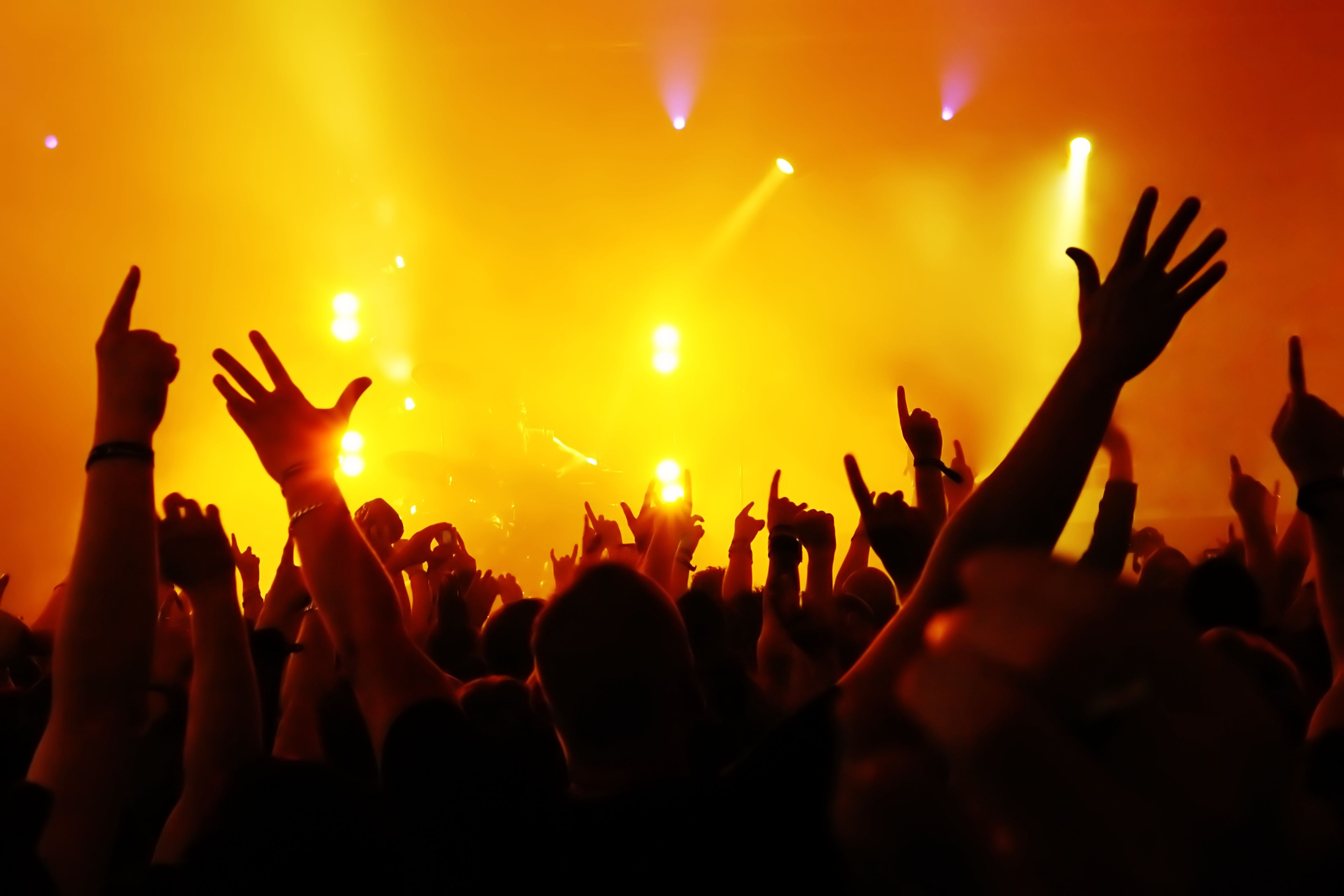 A crowd of people at a concert with raised hands, illuminated by stage lights.