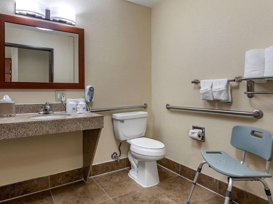 Een badkamer met een wastafel, toilet, spiegel, handdoekhouder en een rolstoeltoegankige stoel.