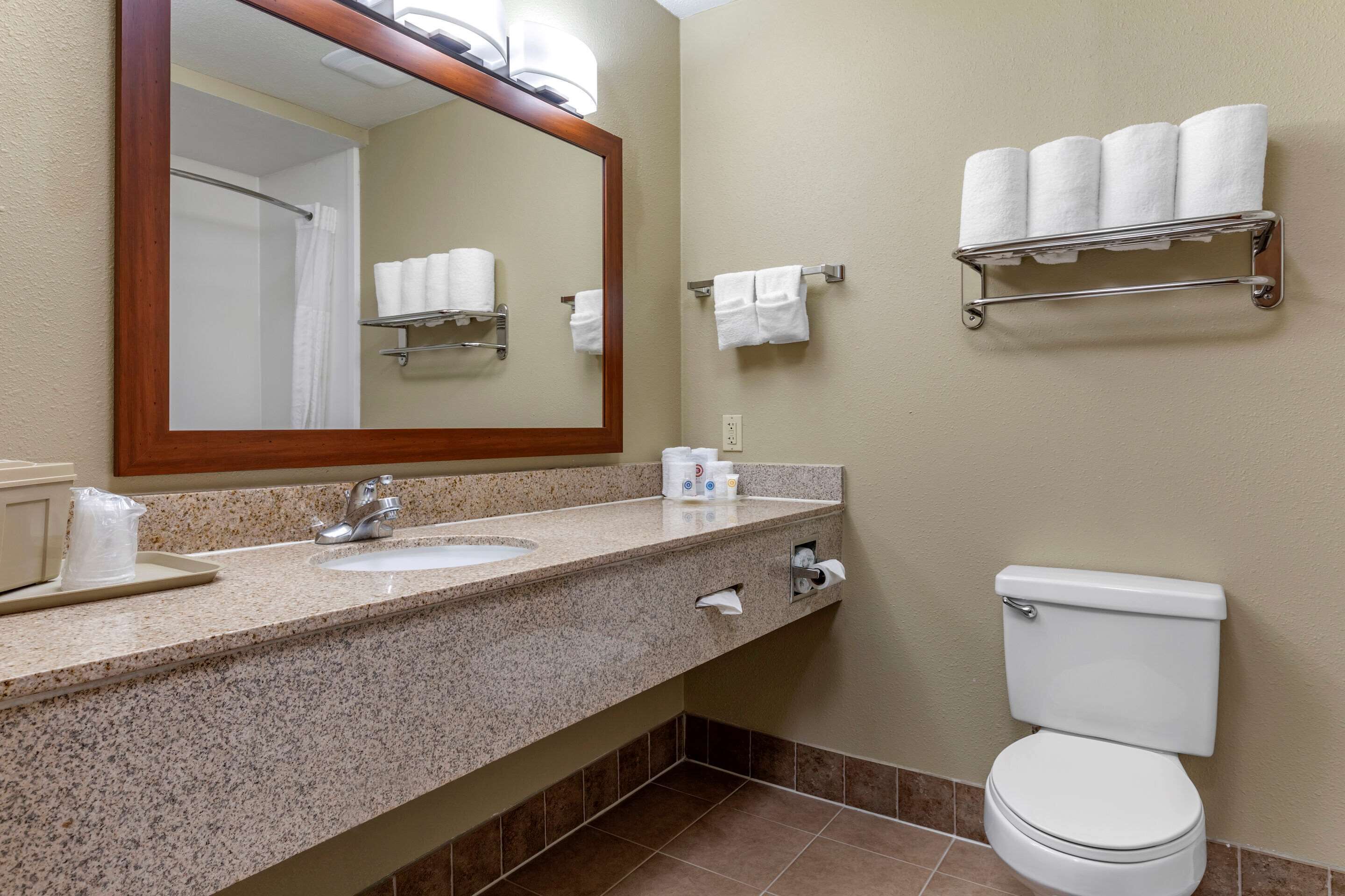 A bathroom with a granite countertop sink, a mirror, a toilet, and towel racks on the wall.