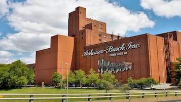 Un edificio grande con un letrero visible que dice “Avery Busch, Inc.” y un mural de caballos y un carro.