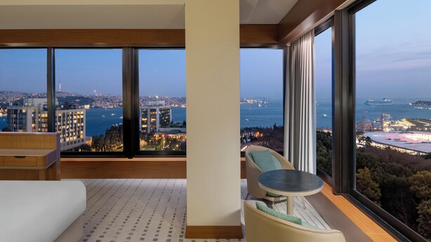 A modern hotel room with a large window offering a city view, a sofa, a small table, and a patterned carpet. - DoubleTree by Hilton Istanbul Macka (Istanbul)