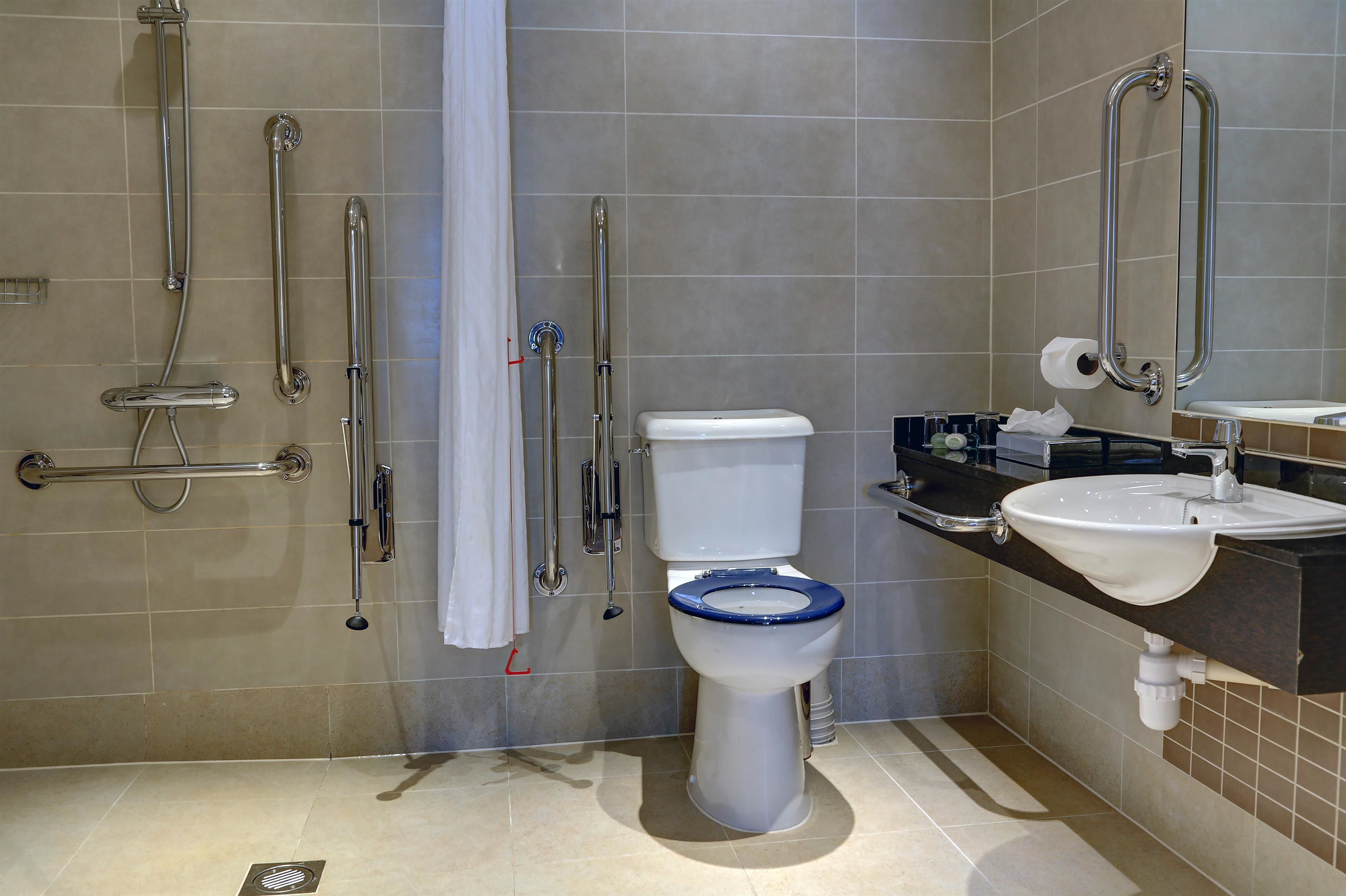 Een badkamer met toilet, wastafel en douche, voorzien van handgrepen.