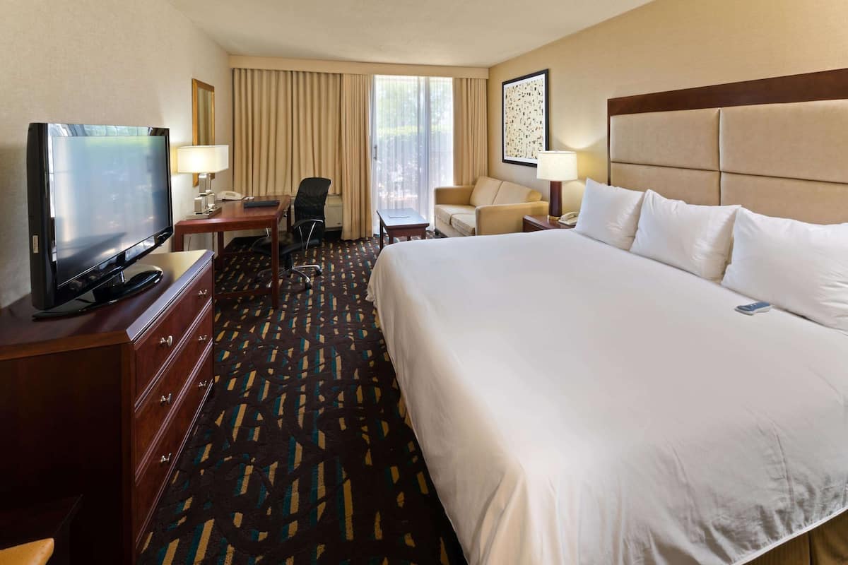 Quarto de hotel com uma cama grande, televisão, escrivaninha com cadeira e janela com cortinas.