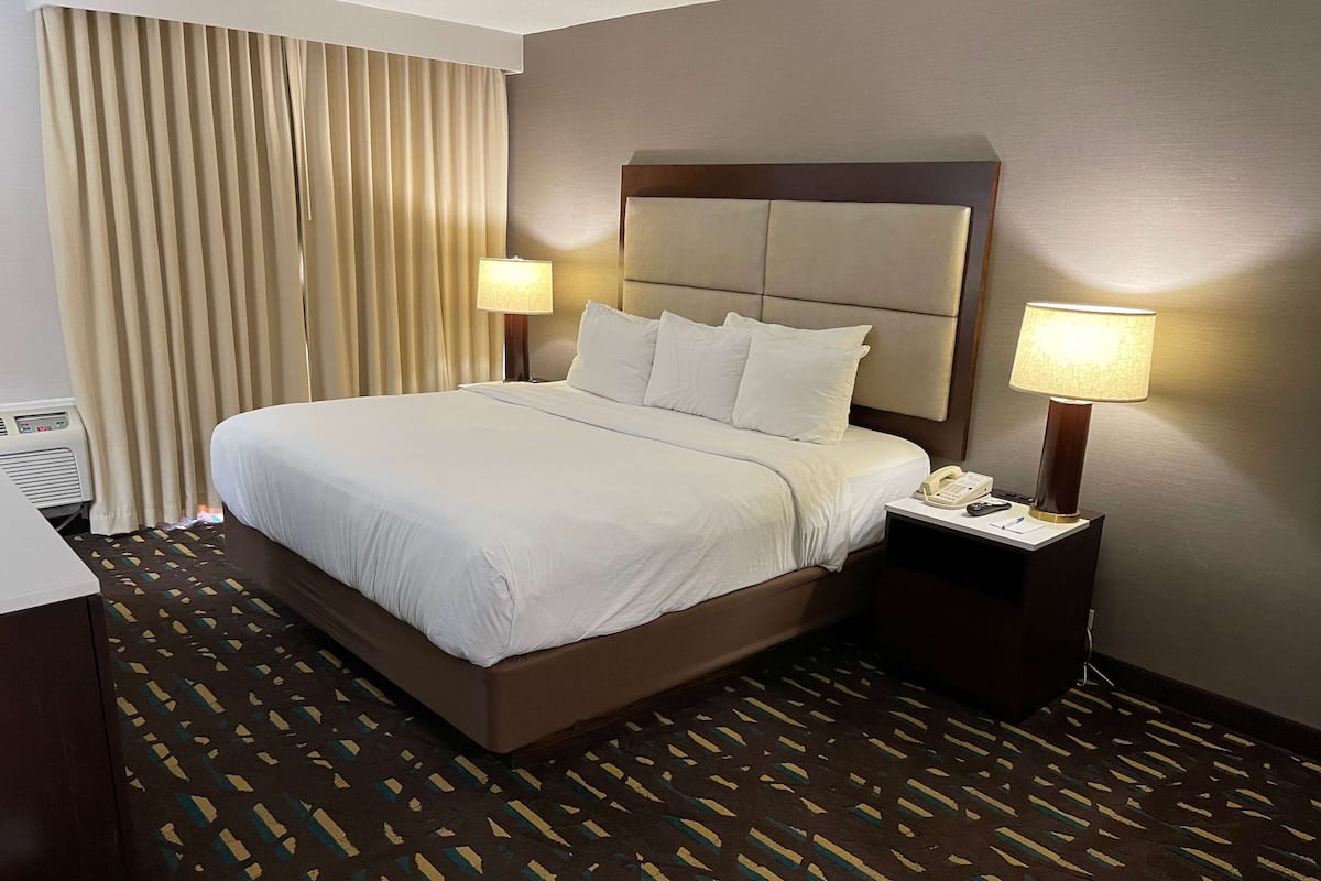 Quarto de hotel com uma cama grande, duas luminárias de cabeceira, um telefone e um tapete estampado.