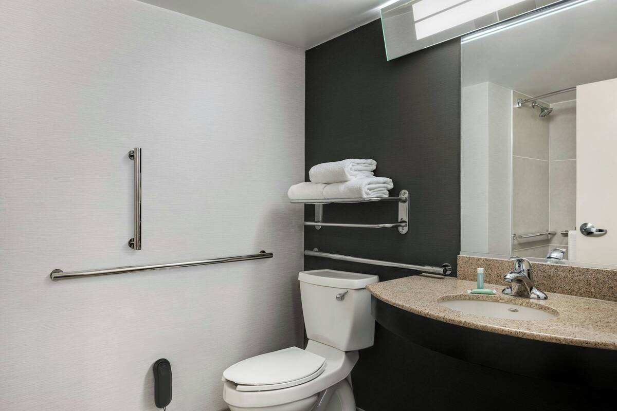 Combined shower/tub, free toiletries, hair dryer, towels