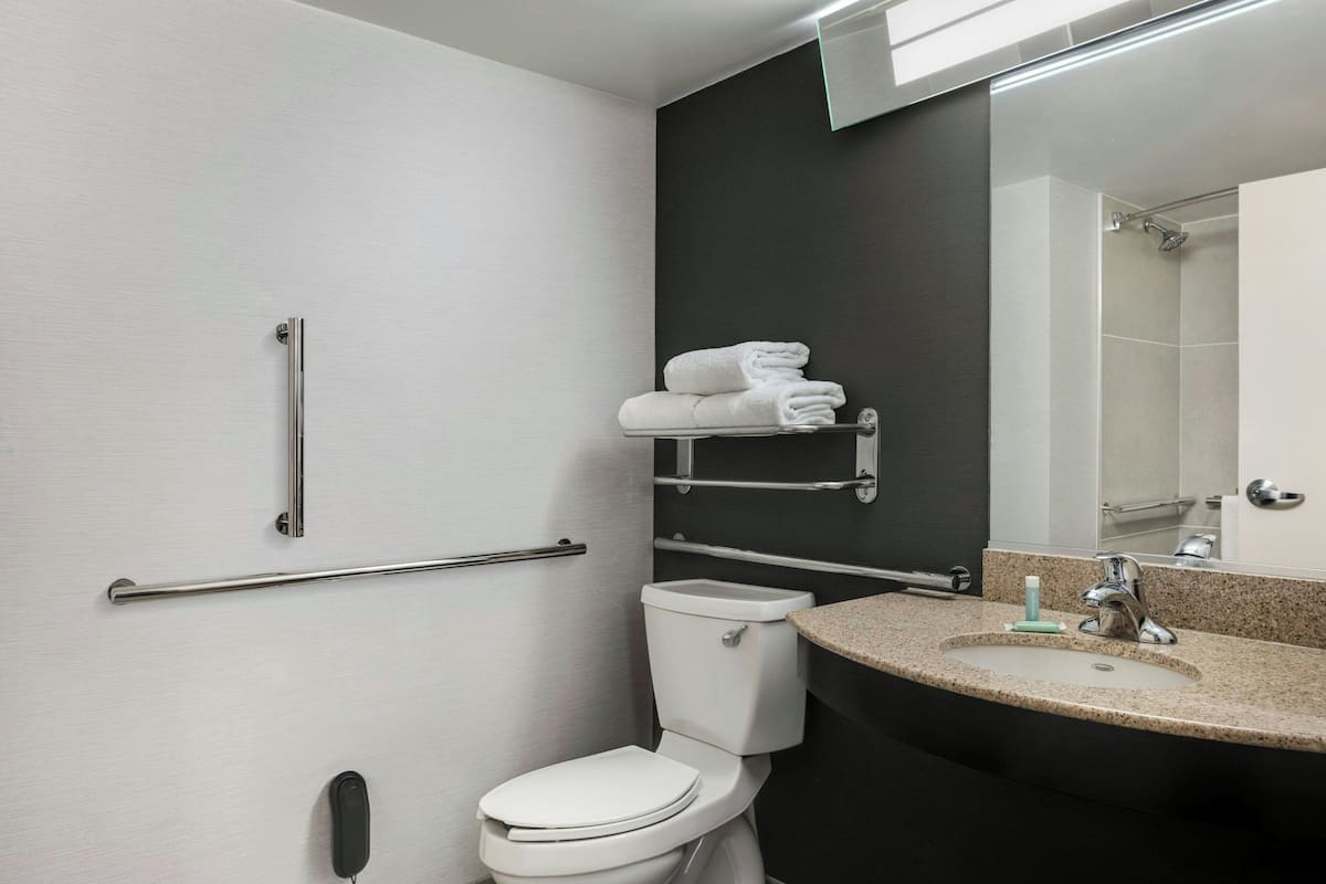 Combined shower/tub, free toiletries, hair dryer, towels