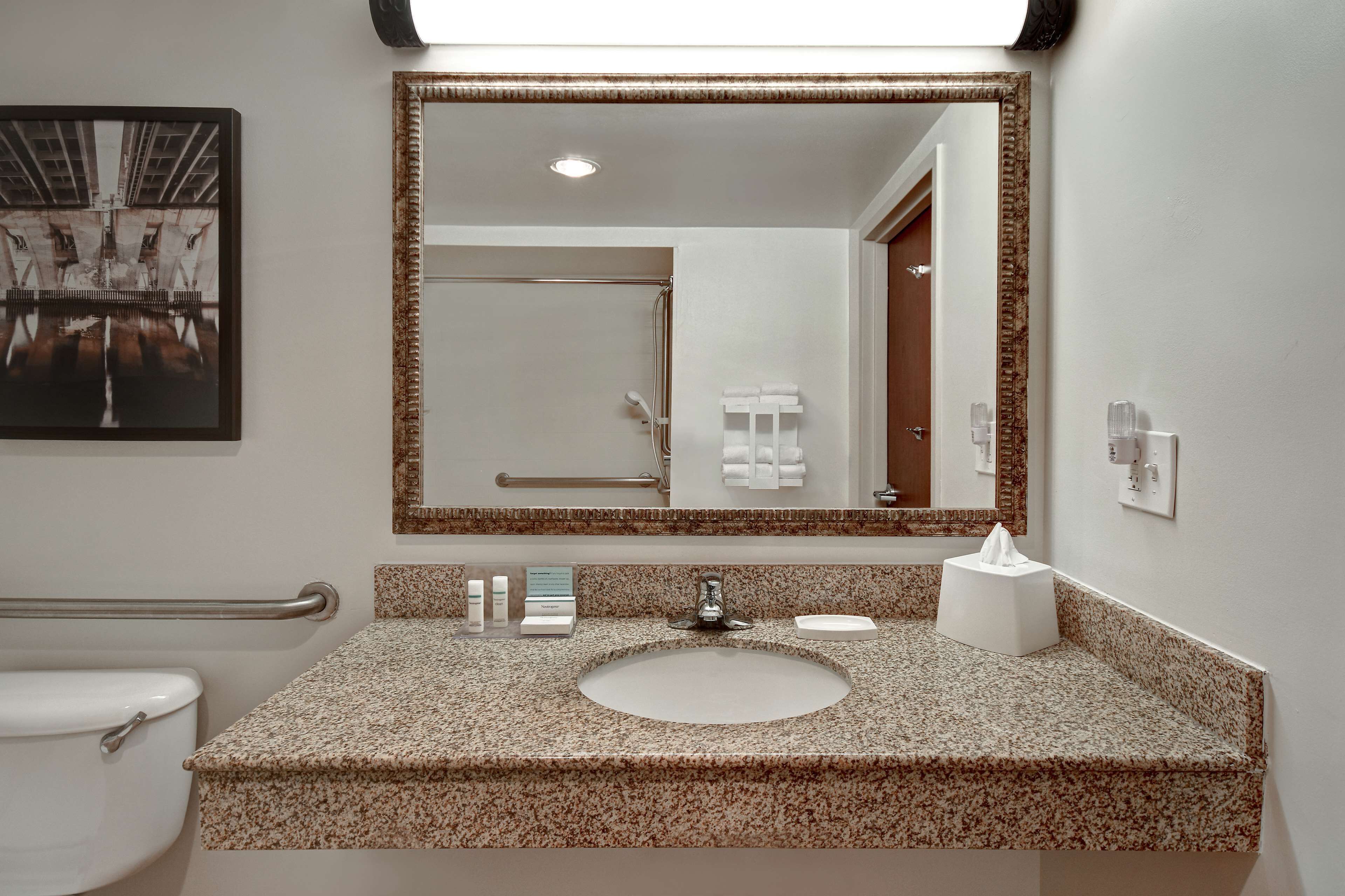 combined shower/bathtub, free toiletries, hair dryer, towels