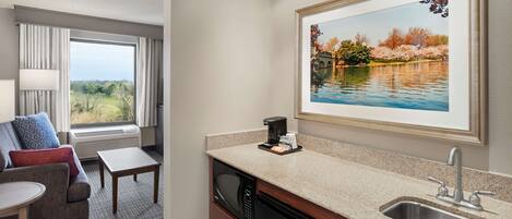 A hotel room with a kitchenette, a dining area with a table and chairs, a large window with a view of a park, and a framed picture of a lake.