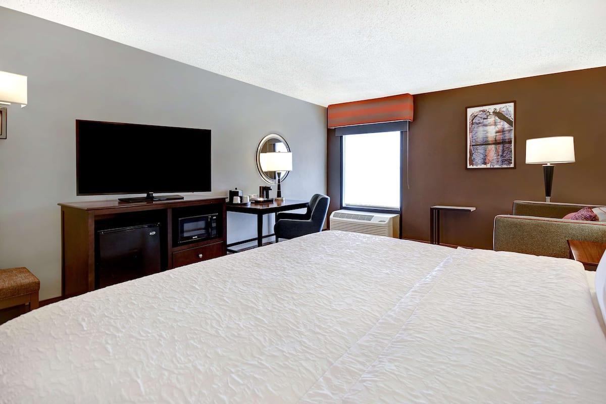 A hotel room with a large bed, a flat-screen TV, a desk with a chair, a small refrigerator, and a window with a view.