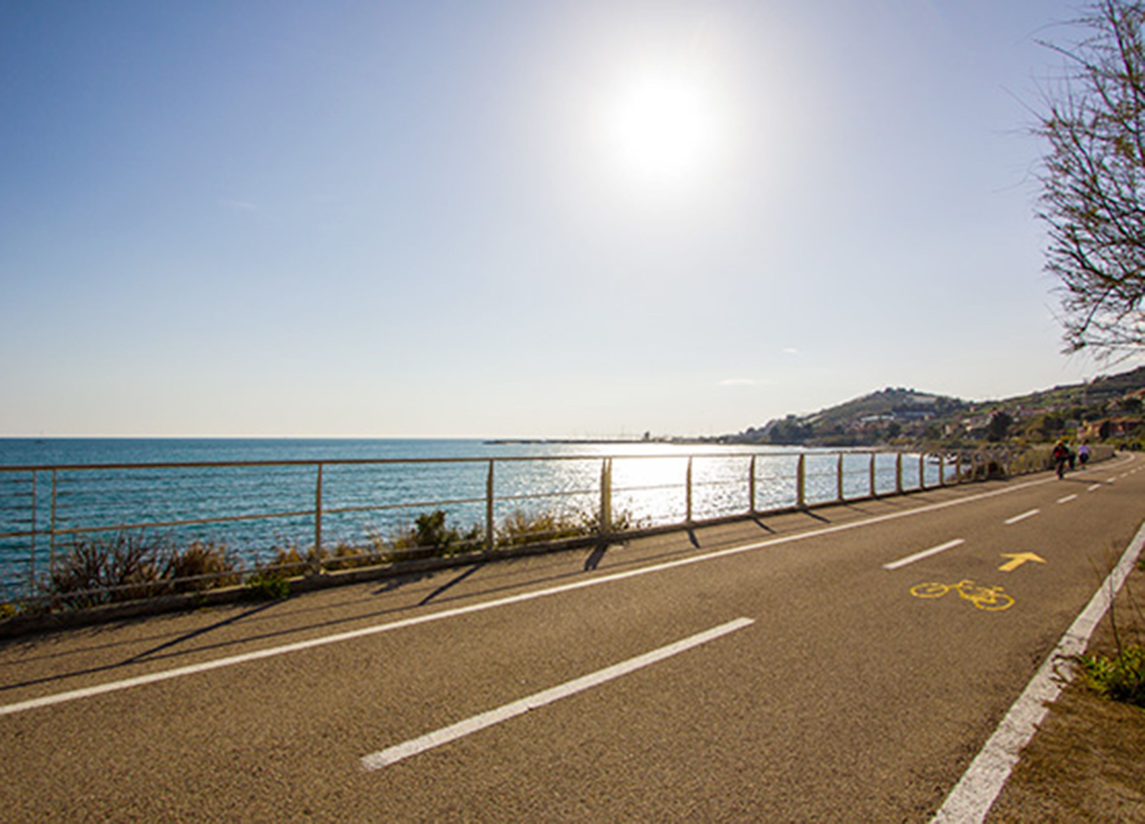 Una carretera costanera amb un carril bici, cel serena i vista al mar.