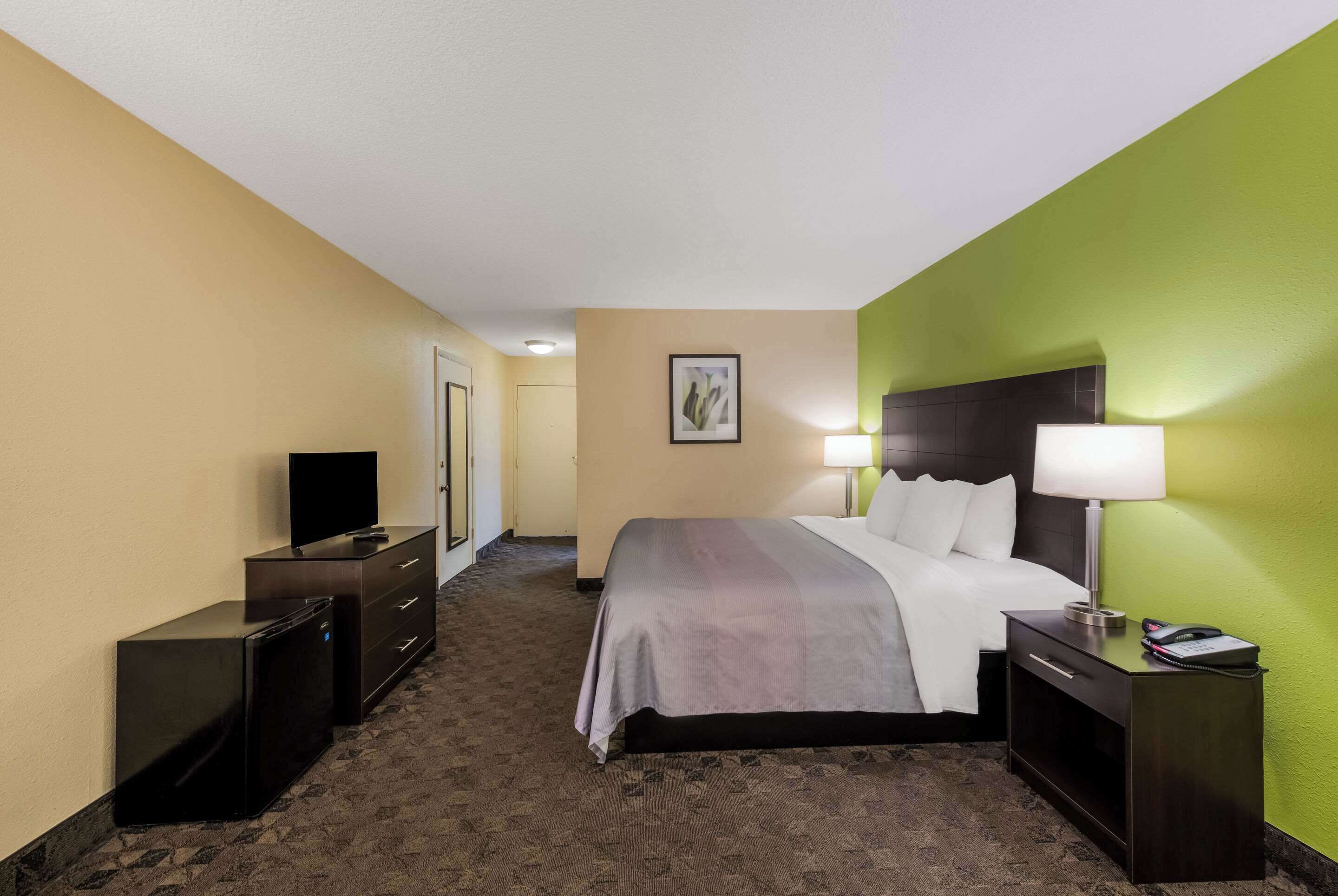 Habitación de hotel con cama, televisor, cómoda, lámpara y un cuadro en la pared.