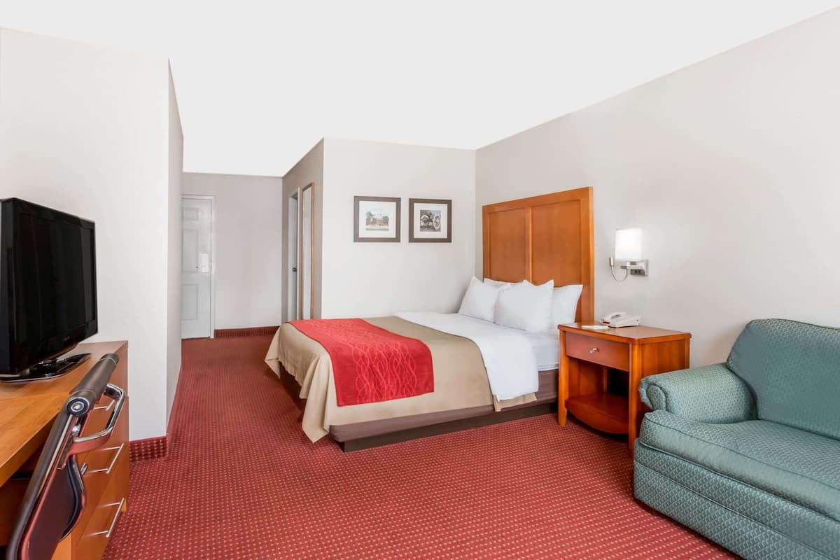 A hotel room with a bed, a TV, a desk, a chair, and a red carpet.