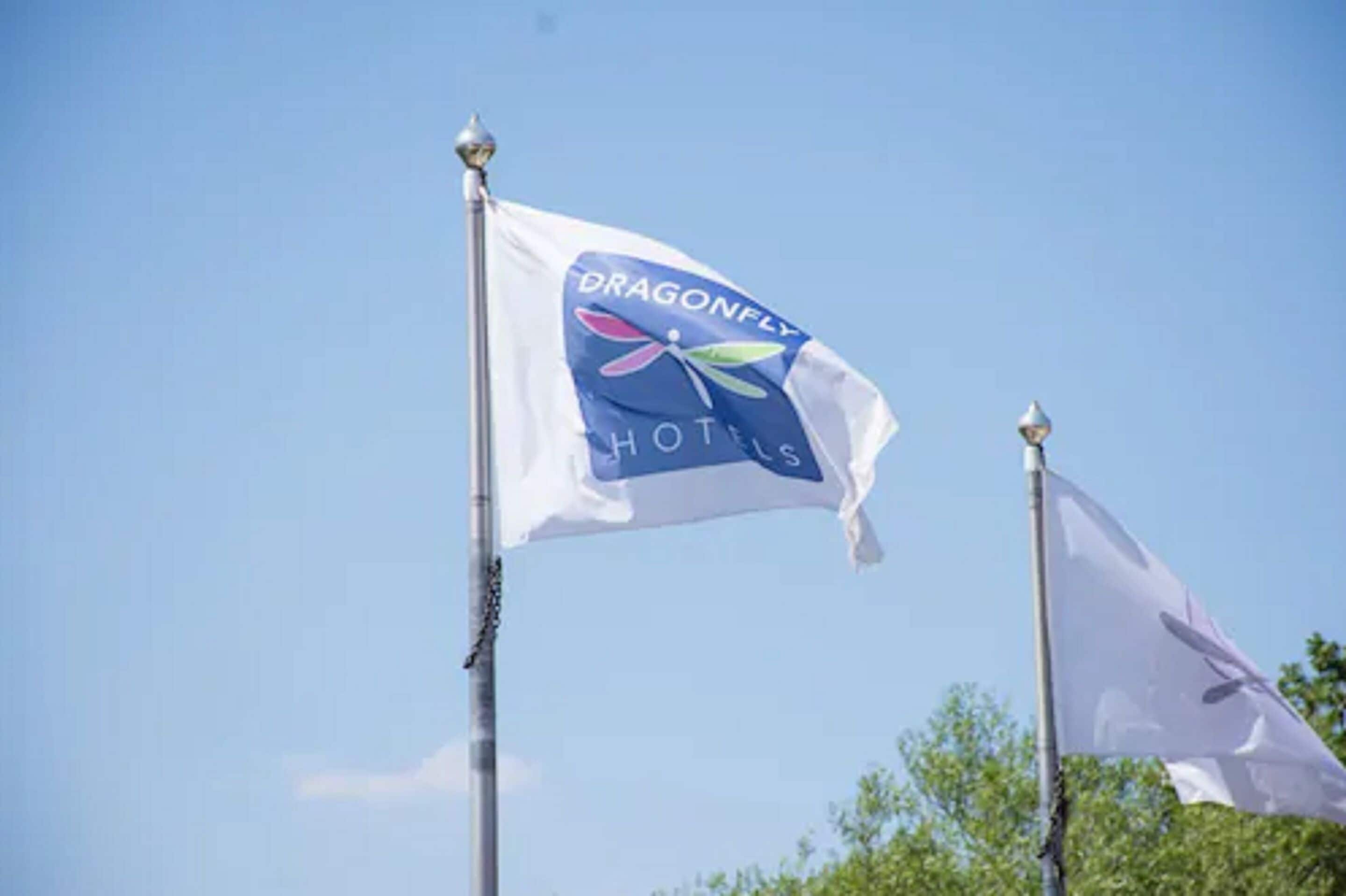 Una bandera con el logotipo de Dragonfly Hotels, que presenta una estilizada libélula y el nombre del hotel.