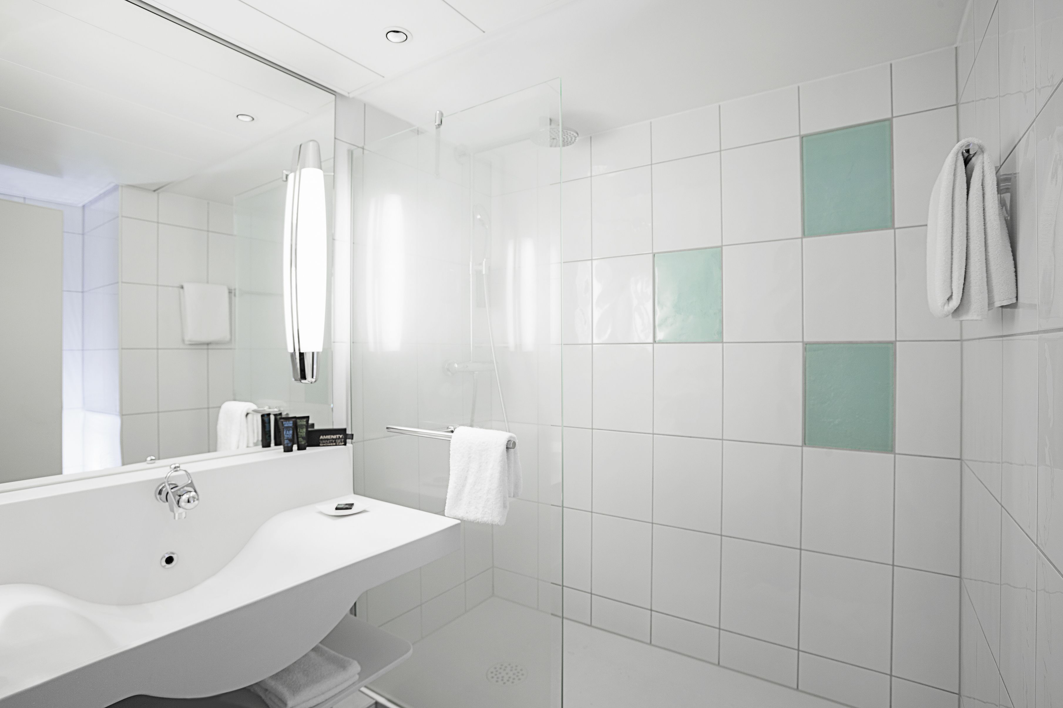 eco-friendly toiletries, hair dryer, towels, soap