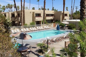Outdoor pool, pool umbrellas, pool loungers