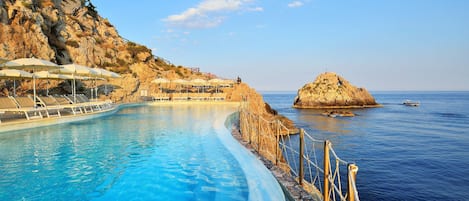 Seasonal outdoor pool, open 8:00 AM to 7:00 PM, pool umbrellas