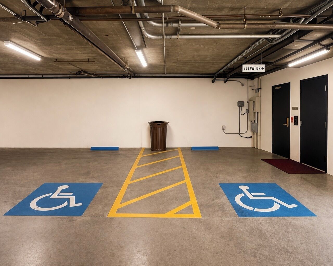 Uma garagem de estacionamento com vagas para deficientes, um elevador e uma lixeira.