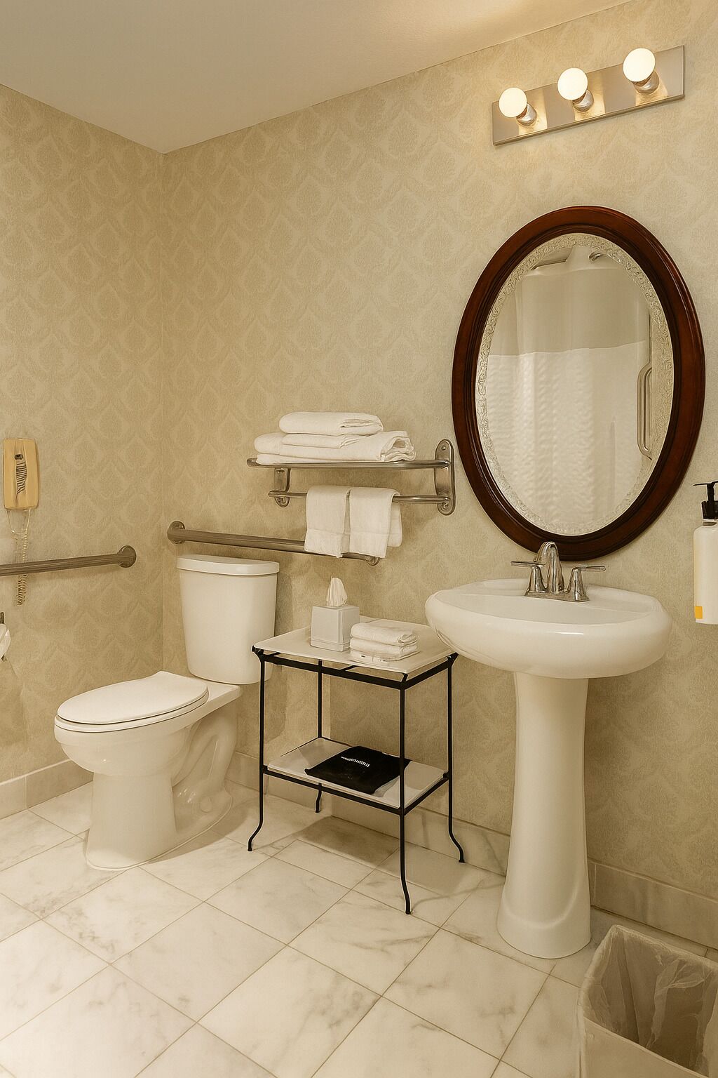 A bathroom with a toilet, a sink, a mirror, and a towel rack.