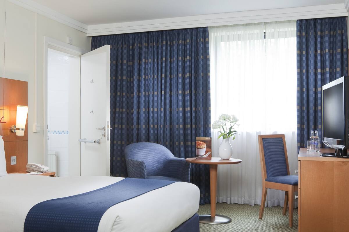 Une chambre d’hôtel avec un grand lit, deux chaises, une petite table avec un vase, une télévision et un bureau.