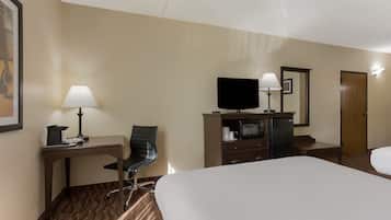 Premium bedding, pillowtop beds, desk, laptop workspace