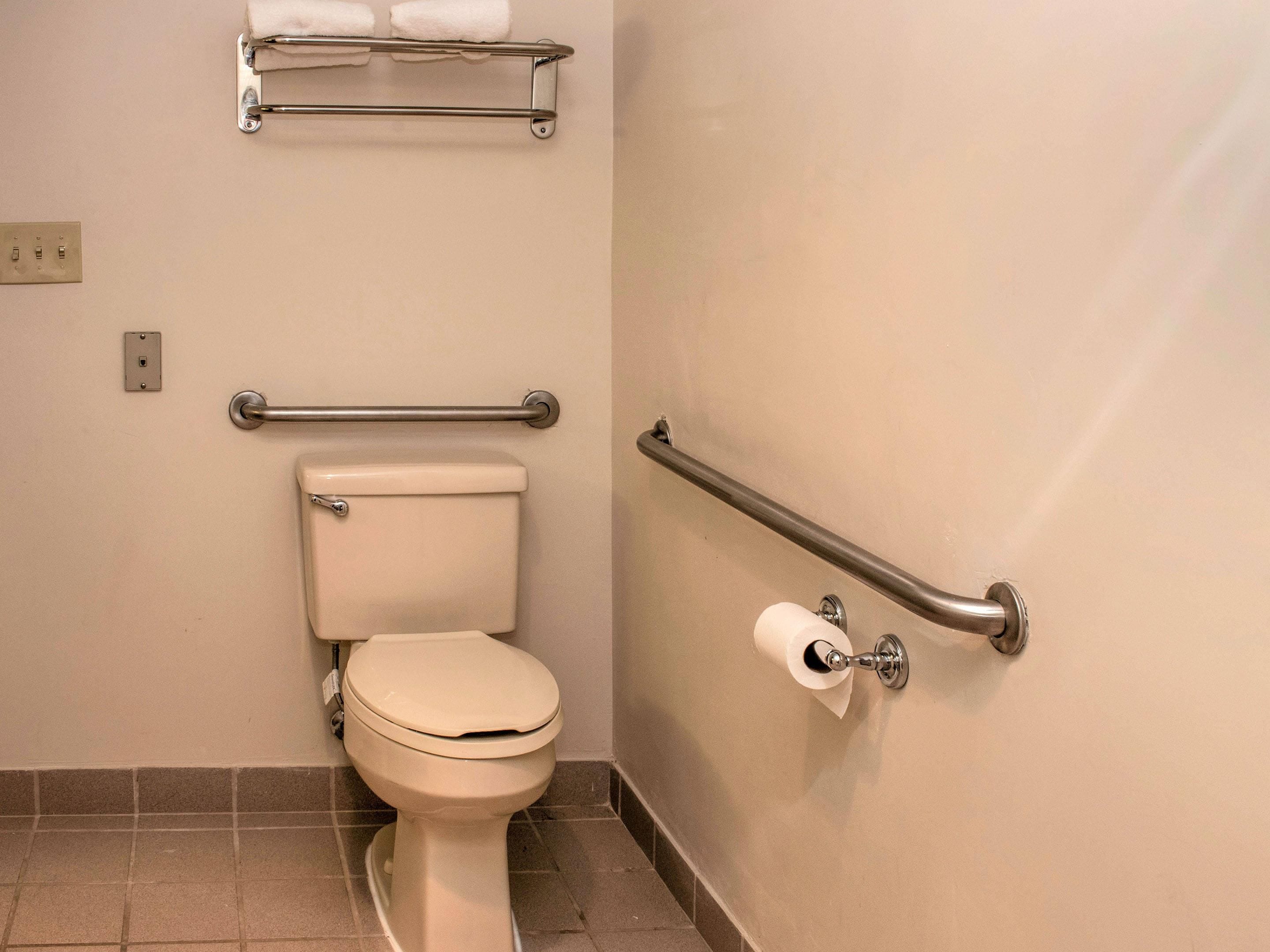 Un bagno con il water, un mancorrente, un portasciugamani e un porta carta igienica.