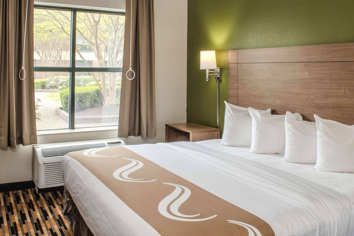 A hotel room with a large bed, a nightstand, a lamp, and a view of trees through the window.