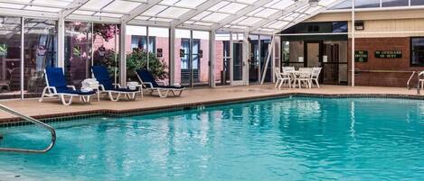 Indoor pool, open noon to 8:00 PM, pool loungers