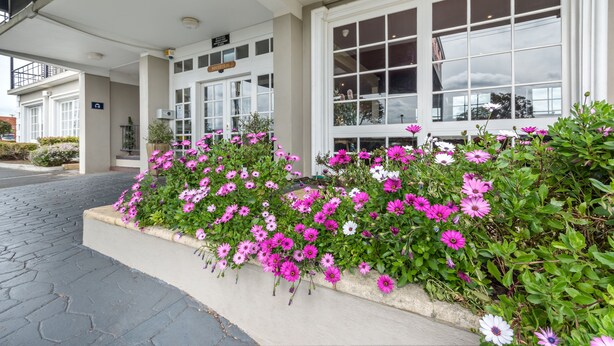 A building with large windows and a flower bed with pink and white flowers. - ibis Styles Albany (Orana)