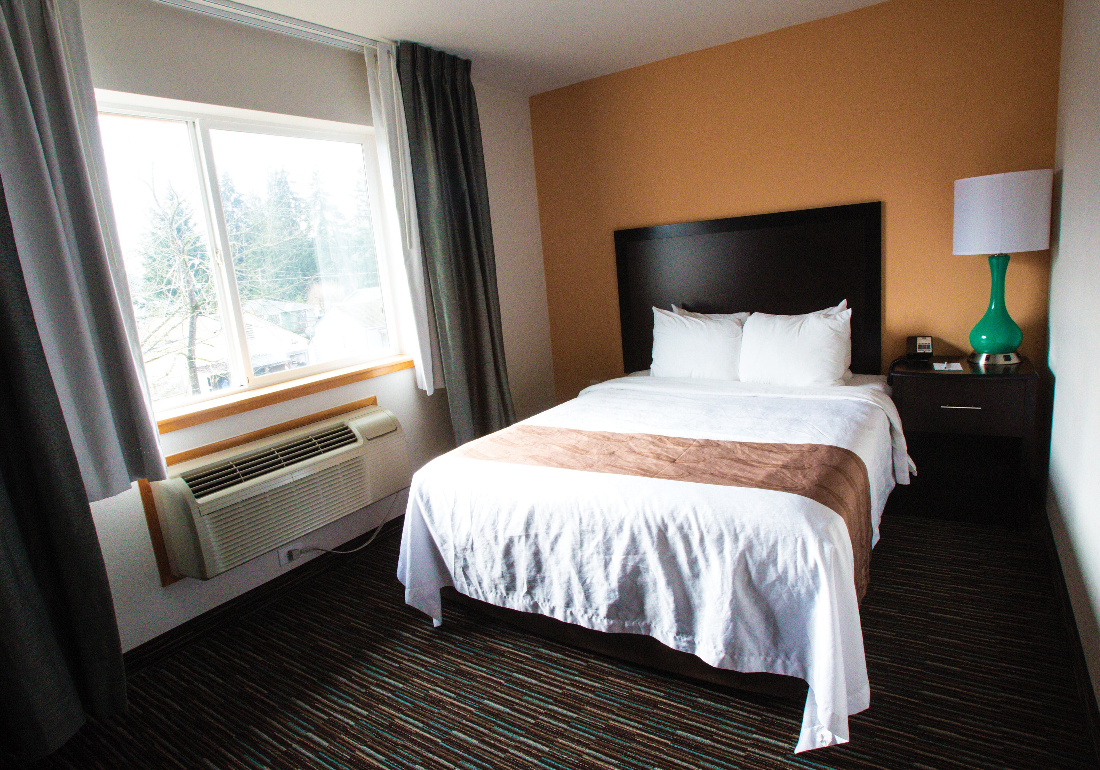 A hotel room with a large bed, a window with curtains, a heater, a nightstand with a lamp, and a carpeted floor.