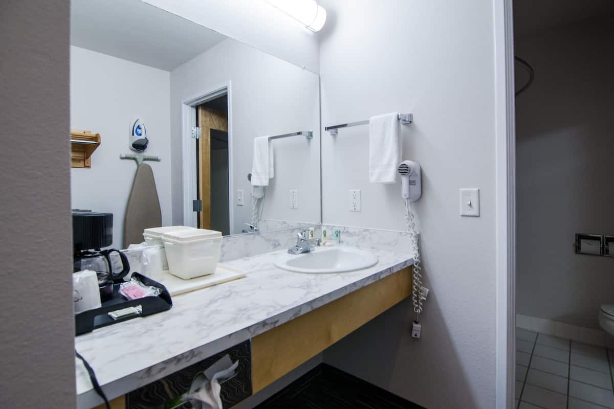 combined shower/bathtub, free toiletries, hair dryer, towels