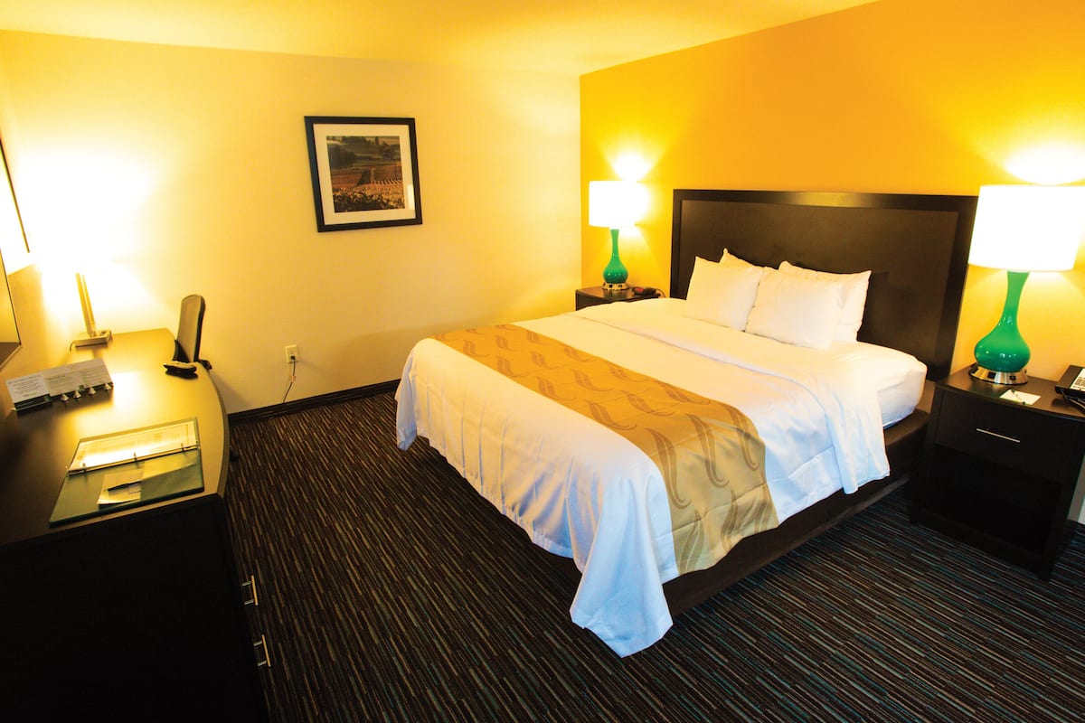 Deluxe King - Interior | Premium bedding, desk, iron/ironing board, travel crib