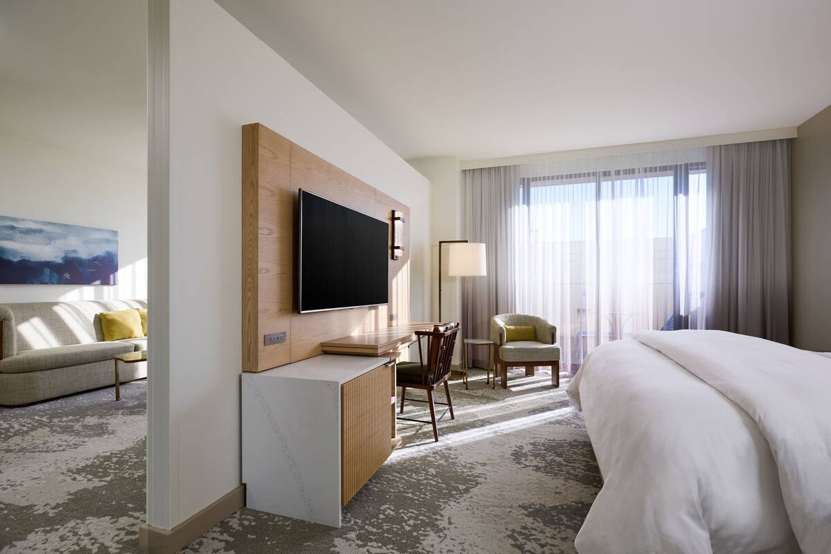 Habitación de hotel con cama, televisor montado en un panel de madera, escritorio con silla, sofá y ventana con cortinas.