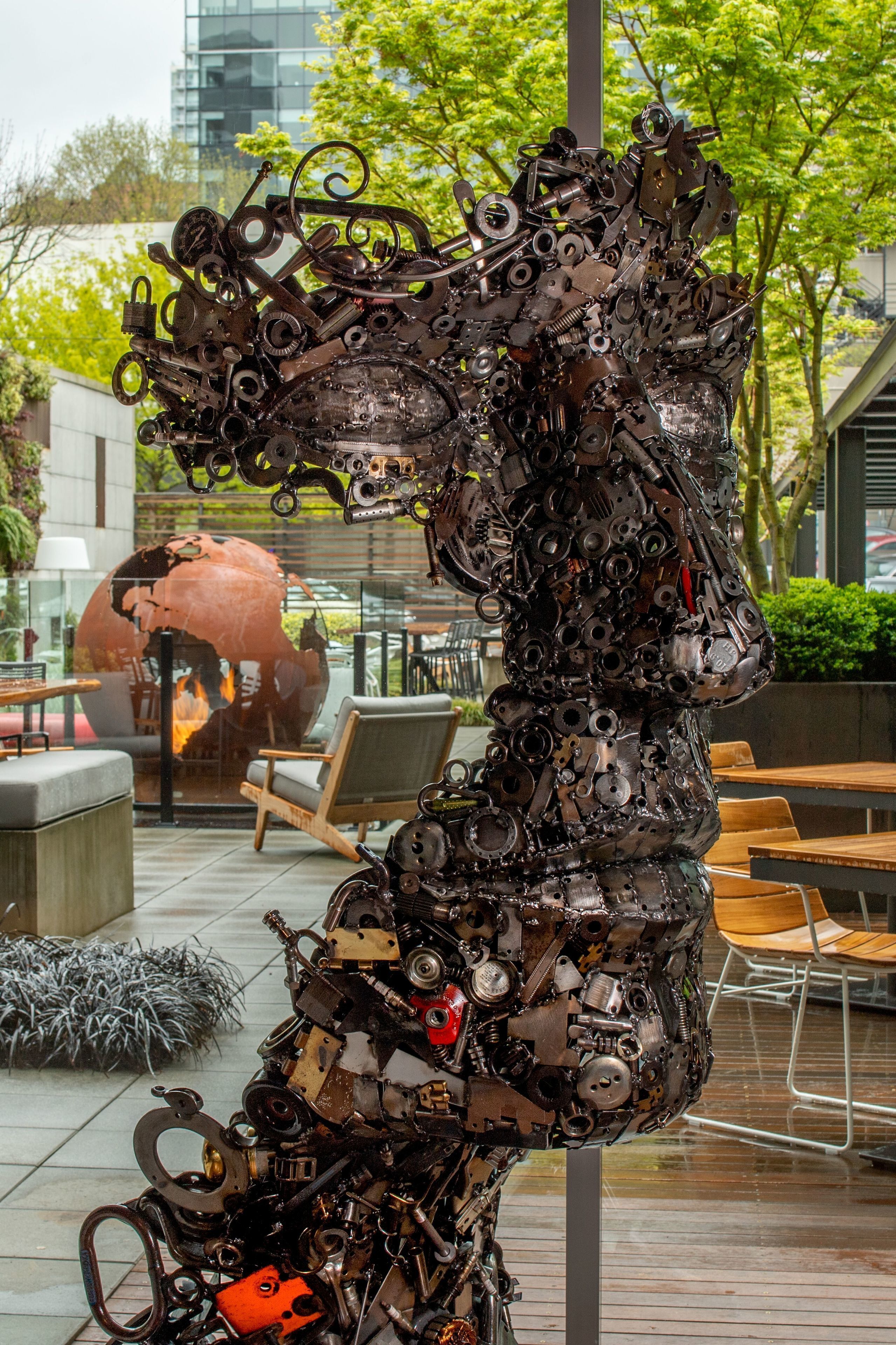 A sculpture made of various mechanical parts.