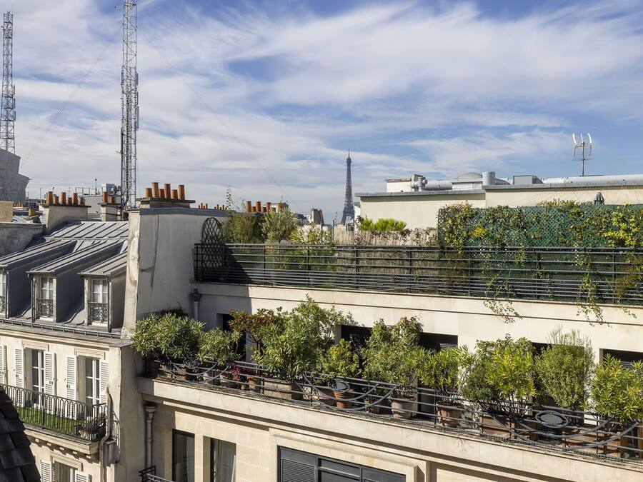 A rooftop terrace with potted plants and a view of the Eiffel Tower.