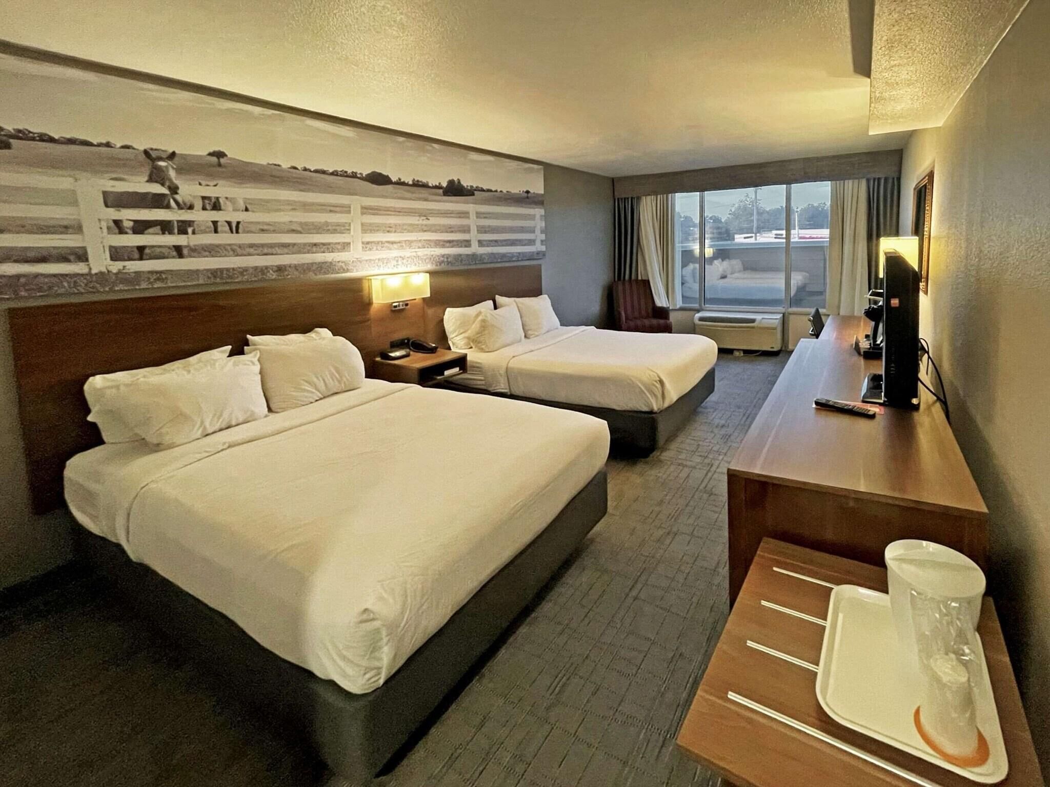 Ein Hotelzimmer mit zwei Betten, einem Schreibtisch mit Computer, einem Fenster mit Vorhängen und einem an der Wand hängenden Kunstwerk.