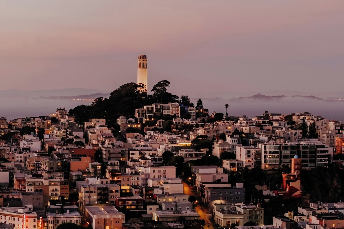 A densely packed urban area with a prominent tower and a hill with trees.