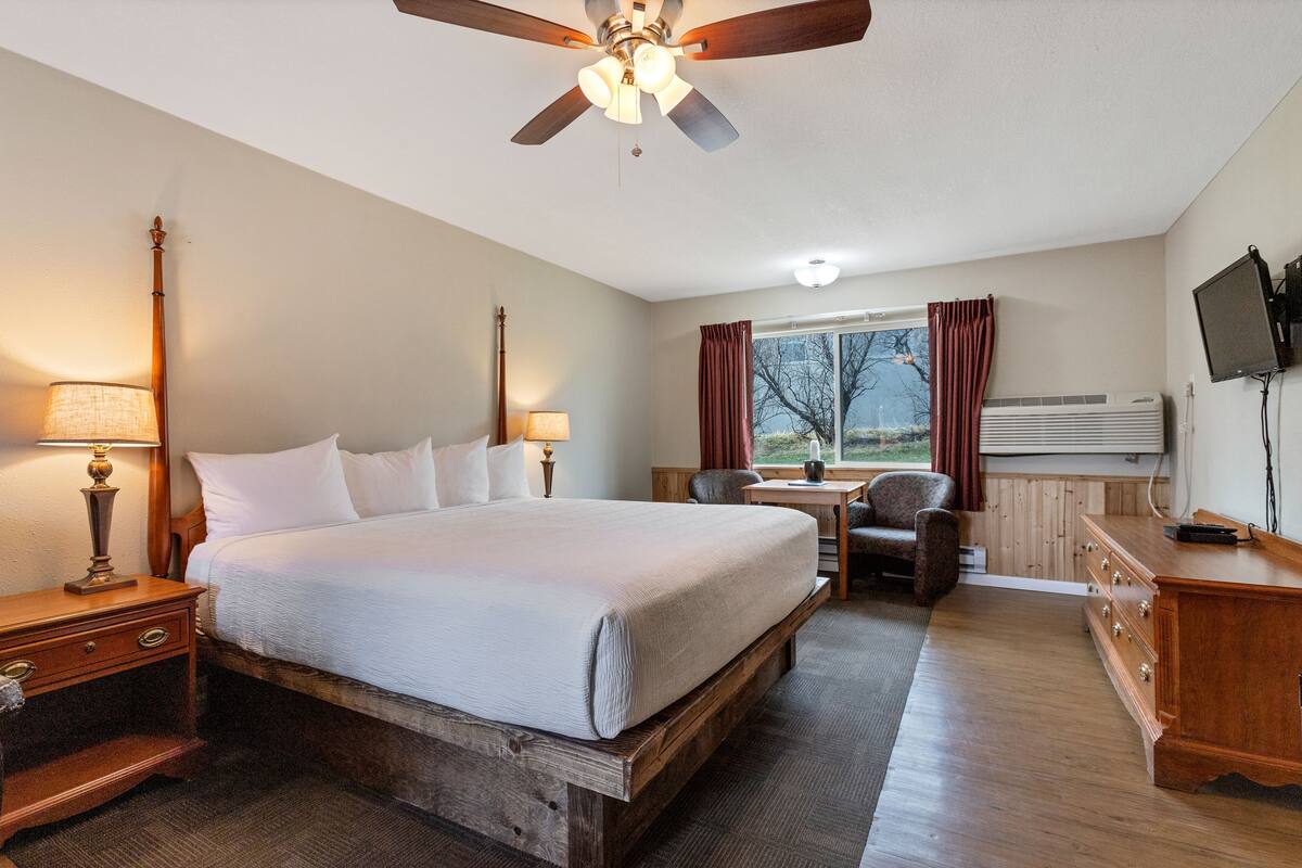 A bedroom with a large bed, a desk, a chair, a television, and a ceiling fan.
